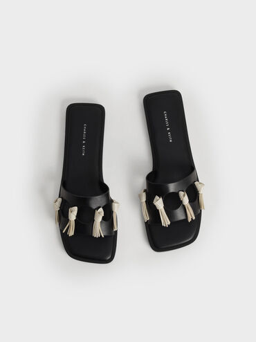 Fringe Detail Slide Sandals, Black, hi-res