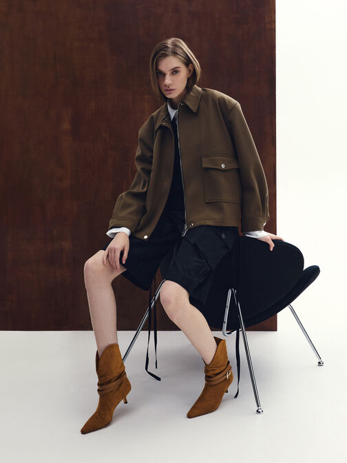 Karter Faux Suede Pointed-Toe Ruched Buckled Kitten-Heel Boots, Cognac, hi-res