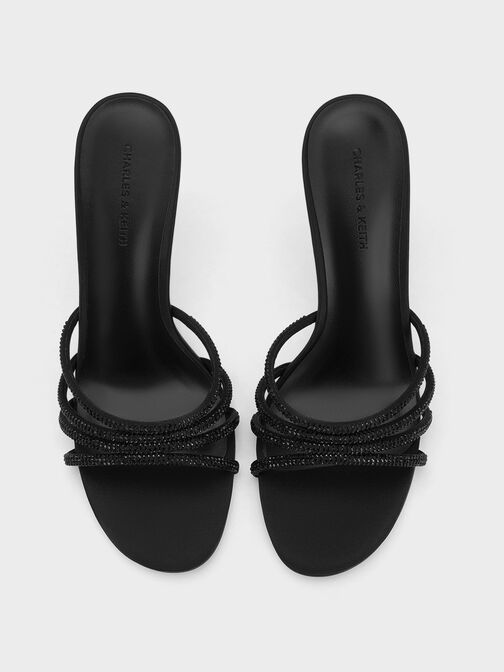 حذاء ميول بكعب عال مزين بالكريستال والساتان, أسود, hi-res