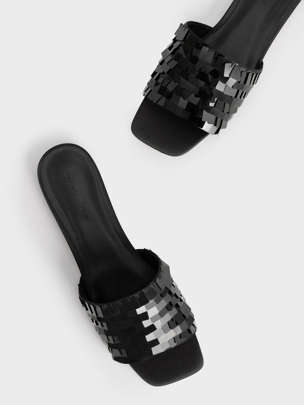 Sequinned Satin Slide Sandals, Black, hi-res