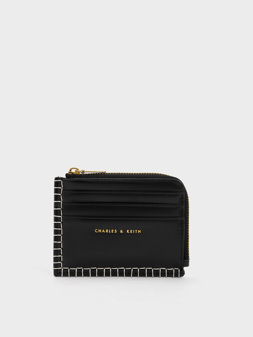 Circe Stitch-Trim Zip Around Card Holder, Black, hi-res