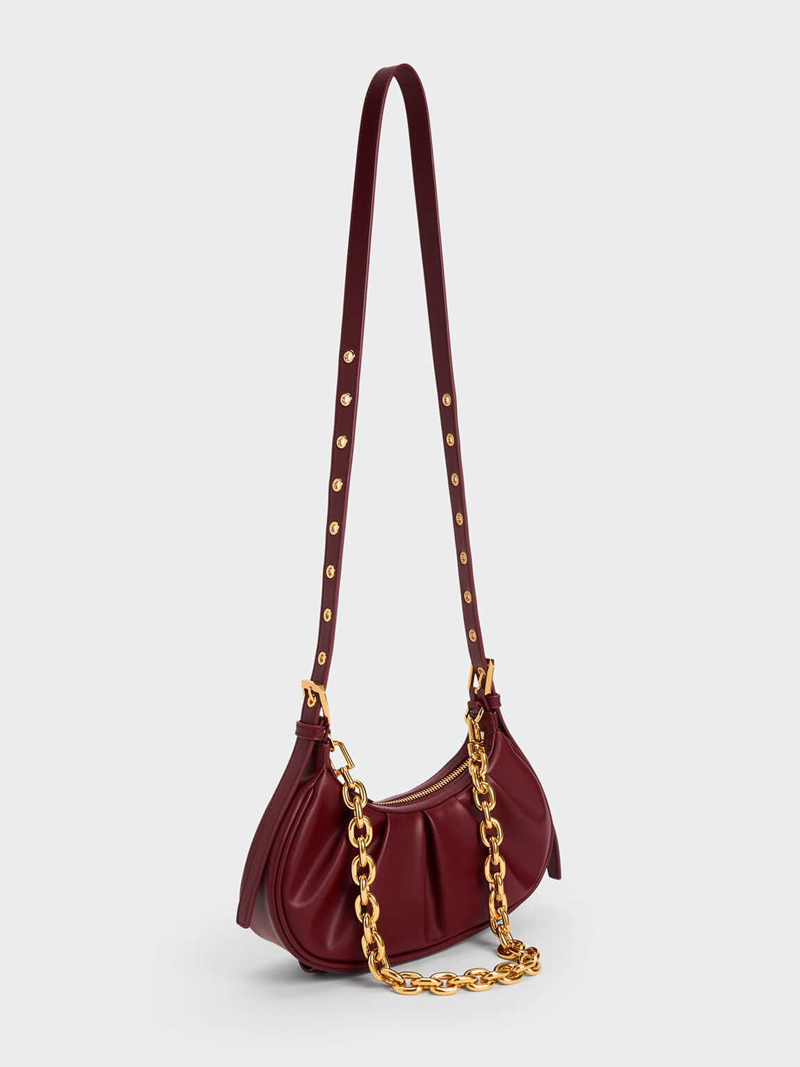 Duo Ruched Shoulder Bag, Burgundy, hi-res
