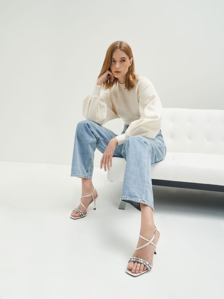 Satin Gem-Embellished Asymmetric Sandals, Cream, hi-res