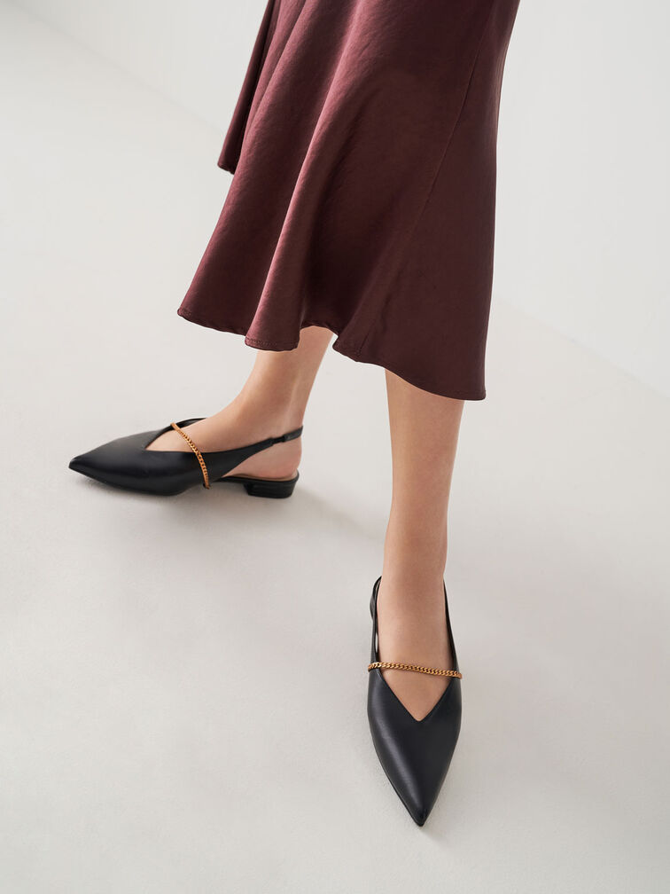 Chain-Link Slingback Ballerina Flats, Black, hi-res