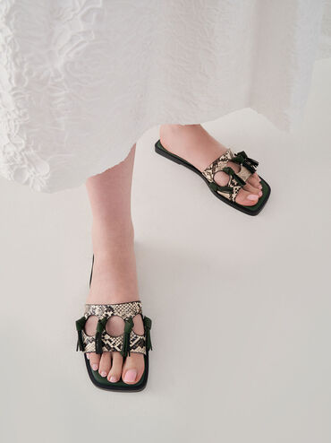 Snake-Print Fringe Detail Slide Sandals, Animal Print Natural, hi-res
