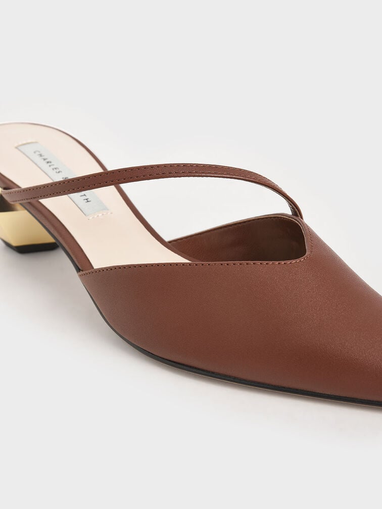 Everly Asymmetric Strap Chrome Heel Mules, Maroon, hi-res
