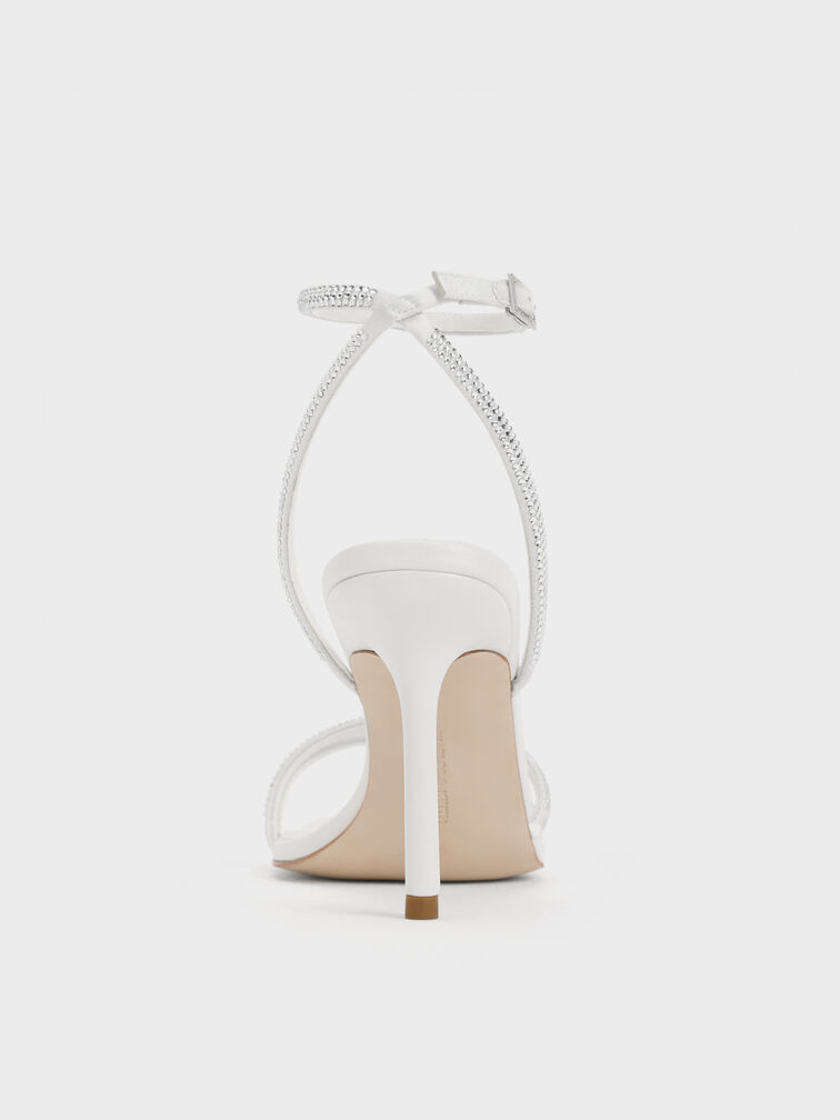 Satin Crystal-Embellished Stiletto-Heel Sandals, White, hi-res