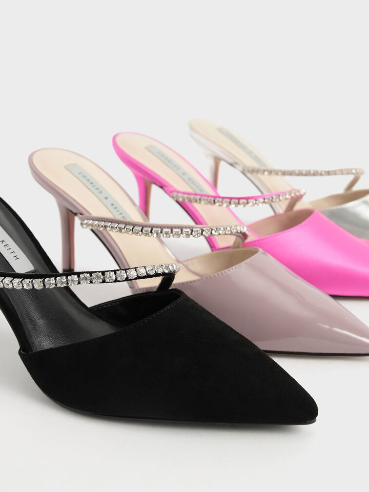 Gem-Encrusted Metallic Stiletto Mules, Silver, hi-res