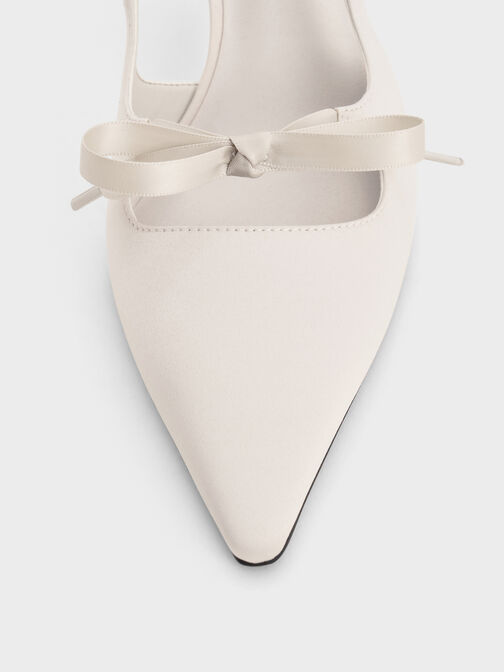 Satin Bow Pointed-Toe Slingback Pumps, Light Grey, hi-res
