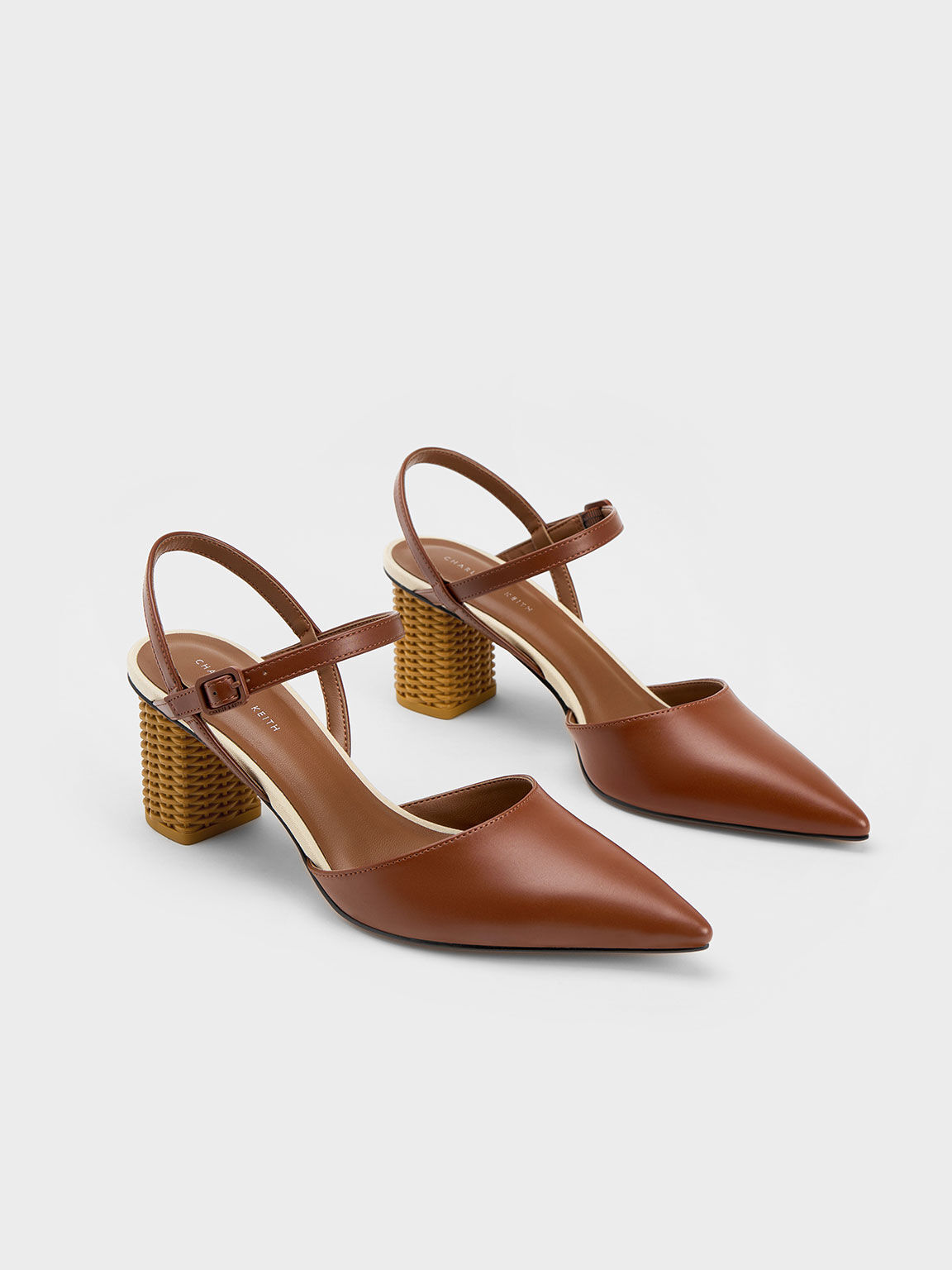 Cognac Rattan Block Heel Pumps CHARLES KEITH SA