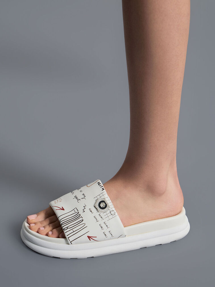 Graffiti Print Flatform Sliders, White, hi-res