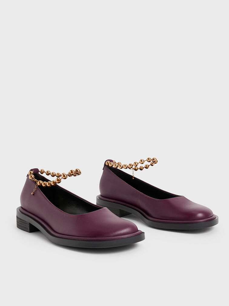 Beaded Ankle-Strap Leather Ballerinas, Prune, hi-res