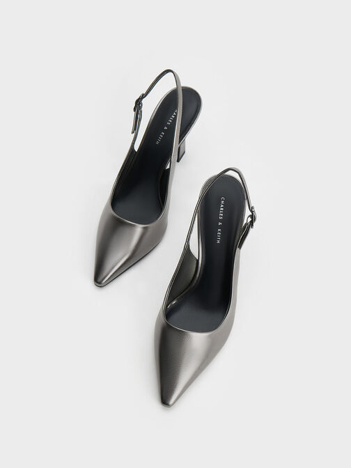 Metallic Trapeze Heel Slingback Pumps, Pewter, hi-res