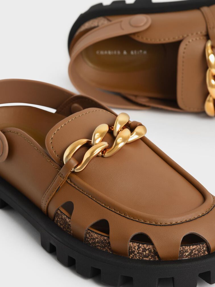 Brighton Chunky Chain-Link Flat Mules, Cognac, hi-res