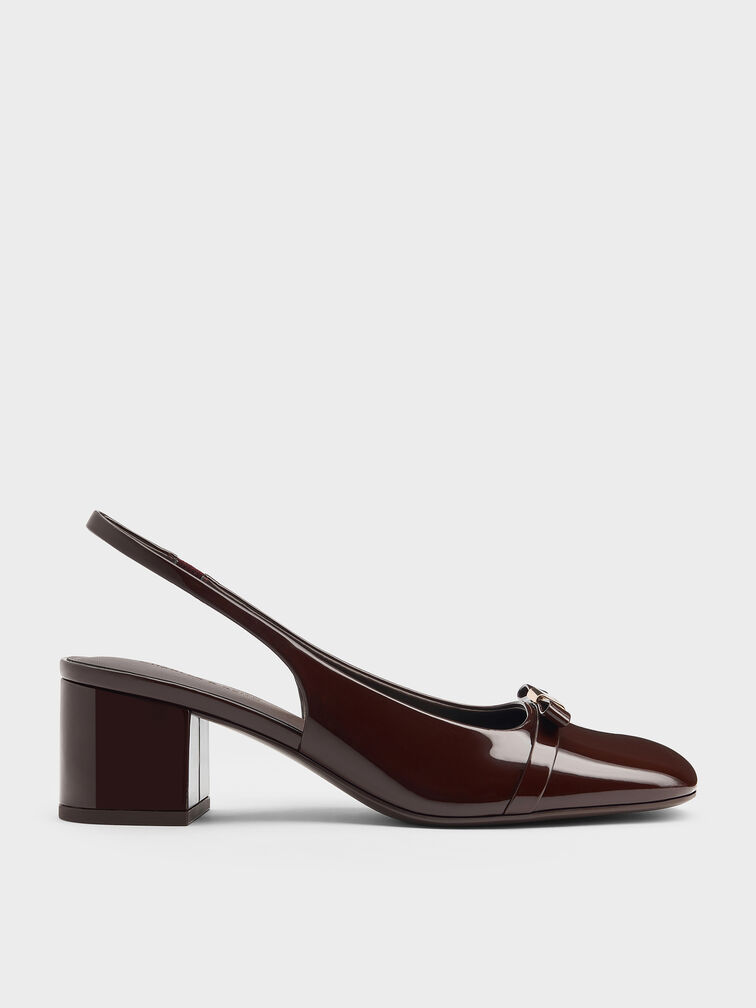 Dorian Patent Bow Block-Heel Slingback Pumps, Dark Brown, hi-res