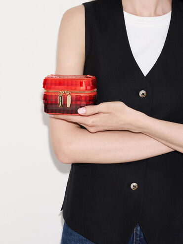Disc-Embellished Vanity Pouch, Red, hi-res