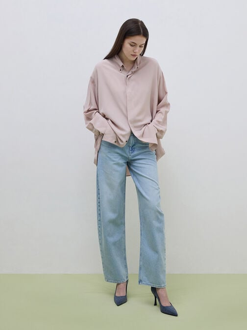 Denim Pointed-Toe Spool-Heel Pumps, Denim Blue Denim Pointed-Toe Spool-Heel Pumps, Denim Blue, hi-res