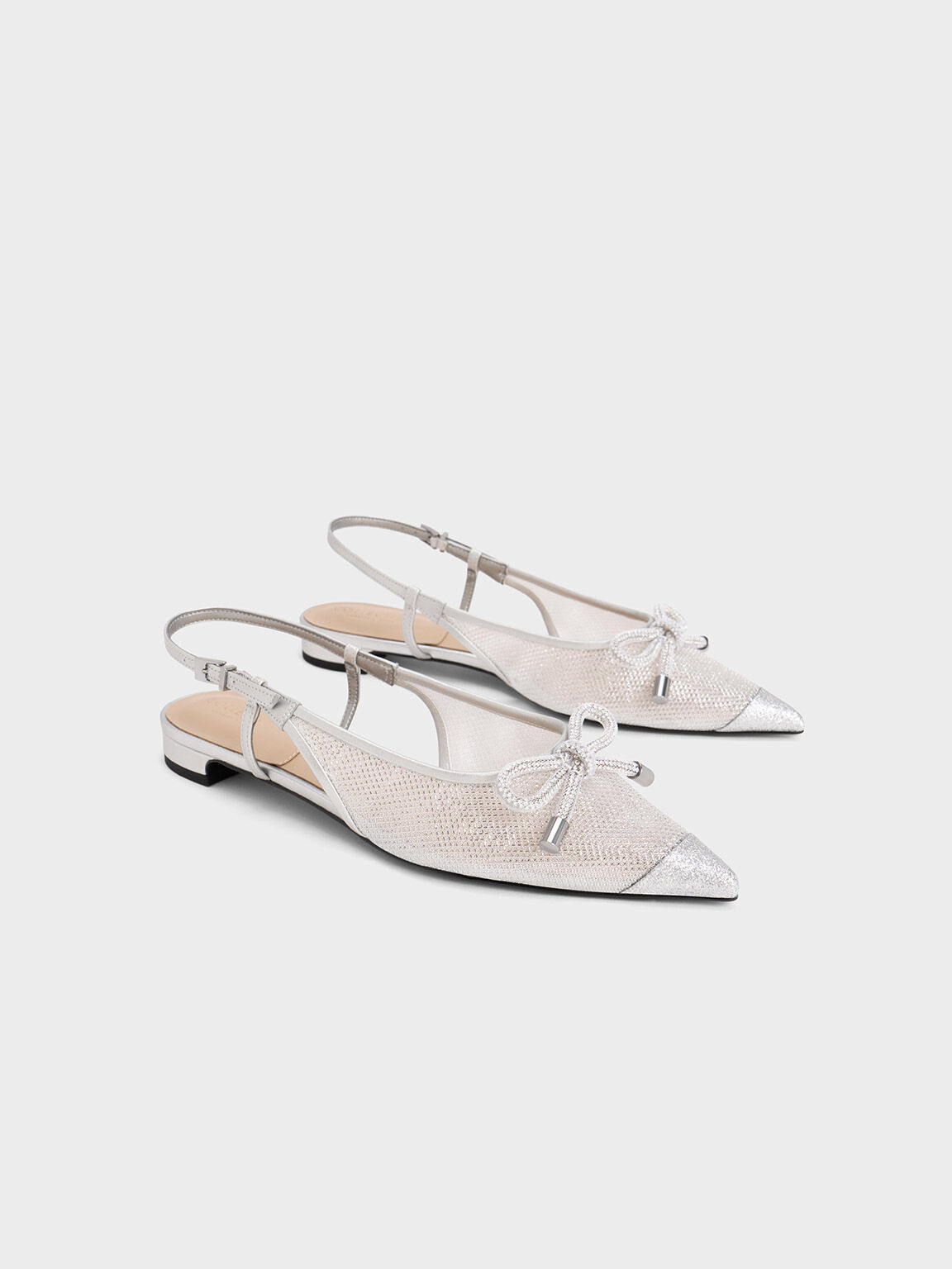 Embellished-Bow Mesh Slingback Ballerinas, Silver, hi-res