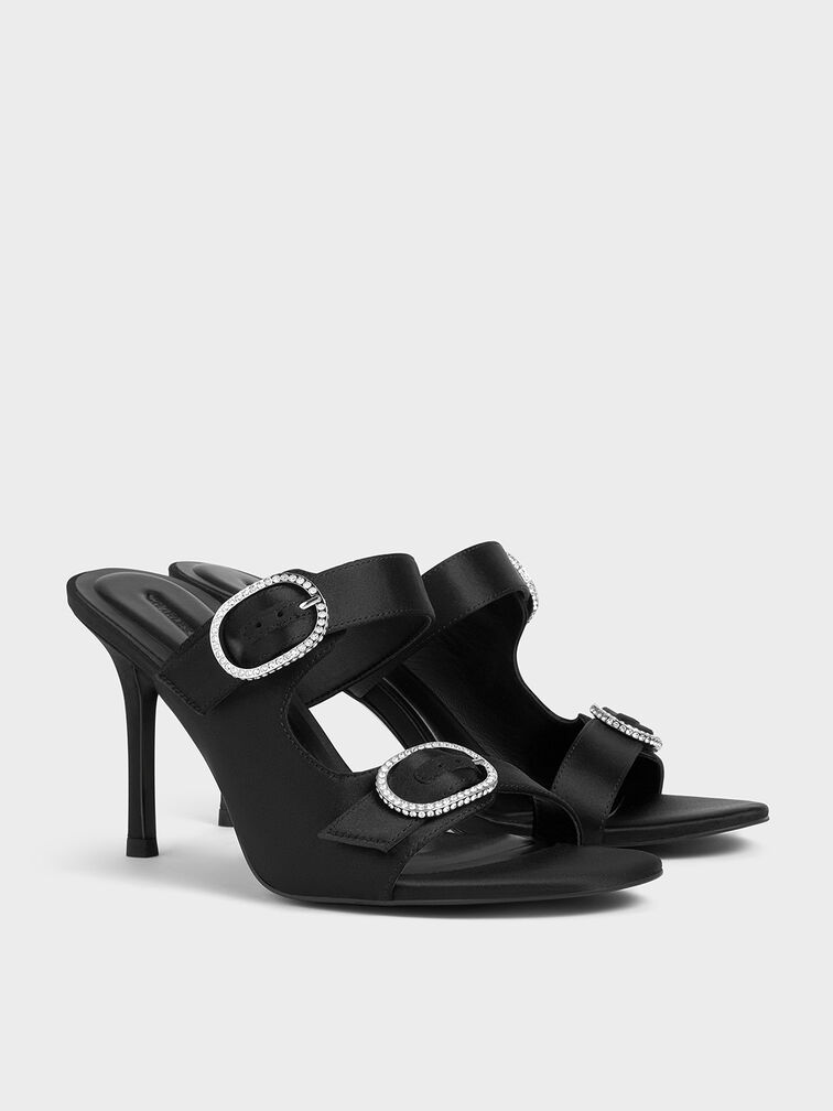 Recycled Polyester Crystal-Buckle Heeled Mules, Black Textured, hi-res