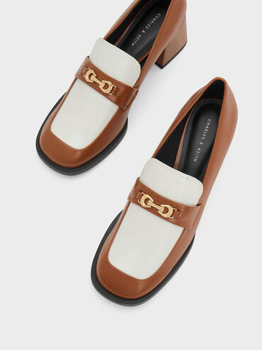 Two-Tone Metallic Accent Block Heel Loafer Pumps, Brown, hi-res