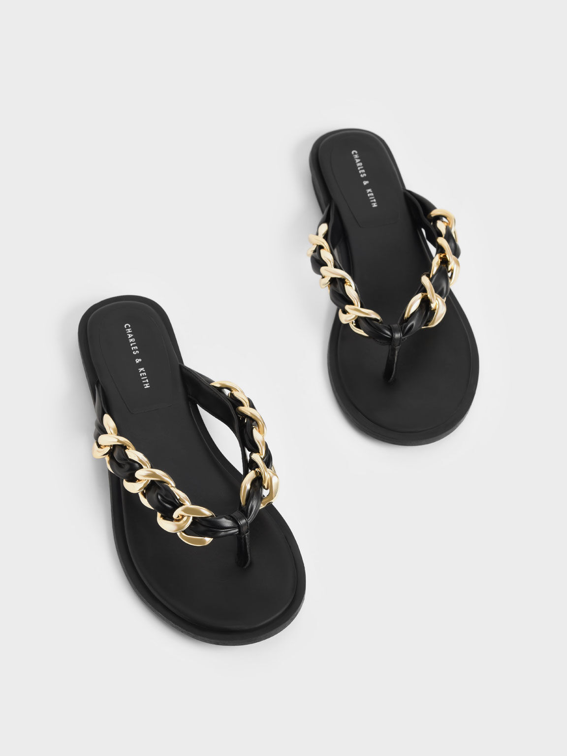 Braided Chain-Link Strap Thong Sandals, Black, hi-res