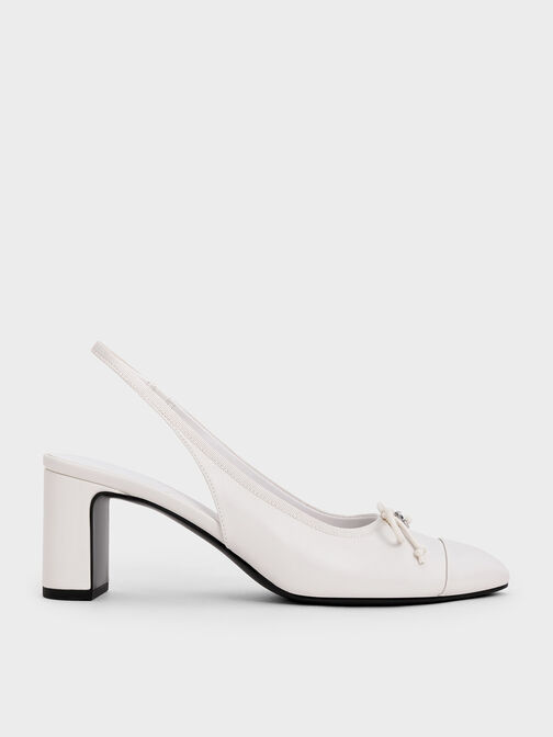 Bow Cap-Toe Slingback Pumps, White, hi-res
