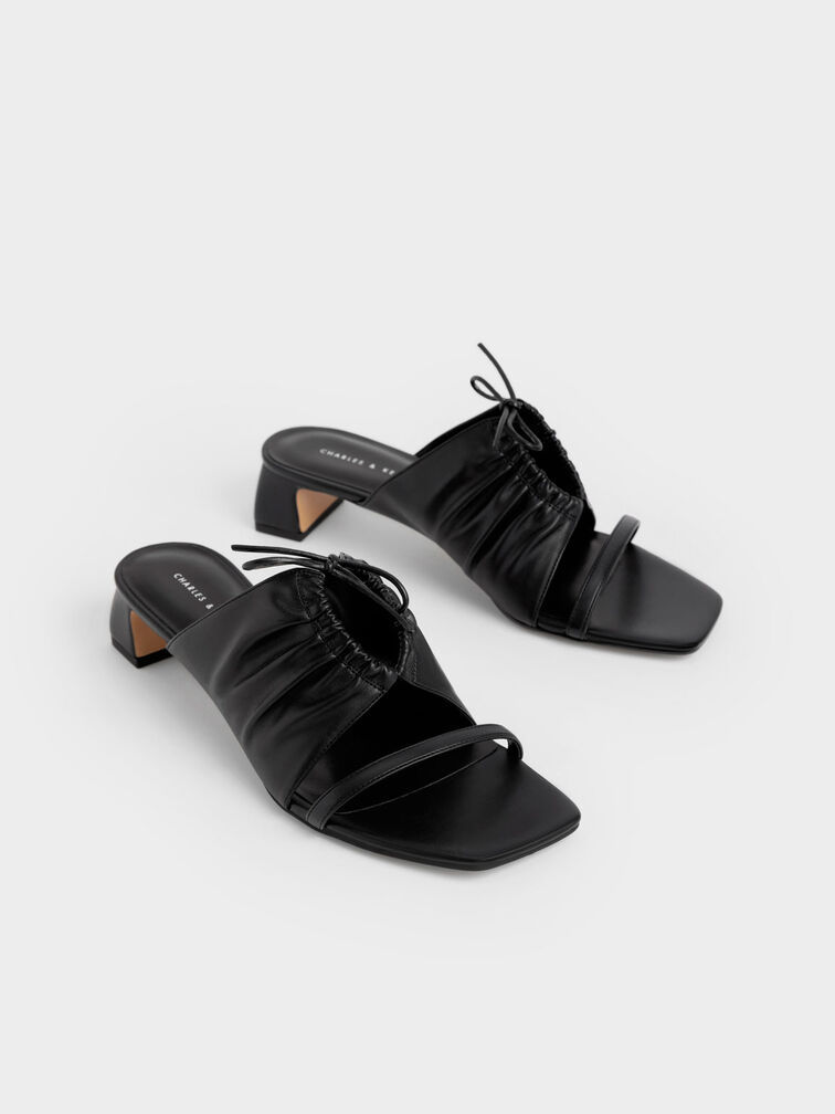 Bow-Tie Ruched Heeled Mules, Black, hi-res