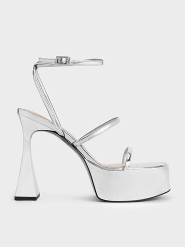 Metallic Strappy Sculptural-Heel Platform Sandals, Silver, hi-res