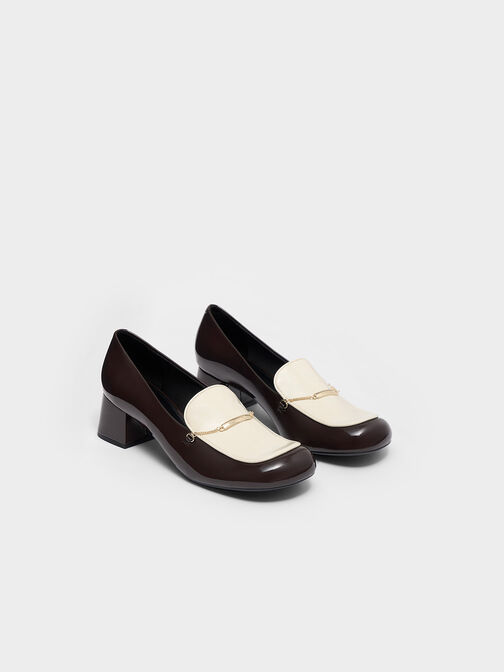 Lexie Chain-Link Two-Tone Heeled Loafers, Dark Brown, hi-res