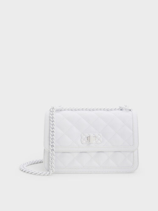 Micaela Quilted Chain Bag, White, hi-res