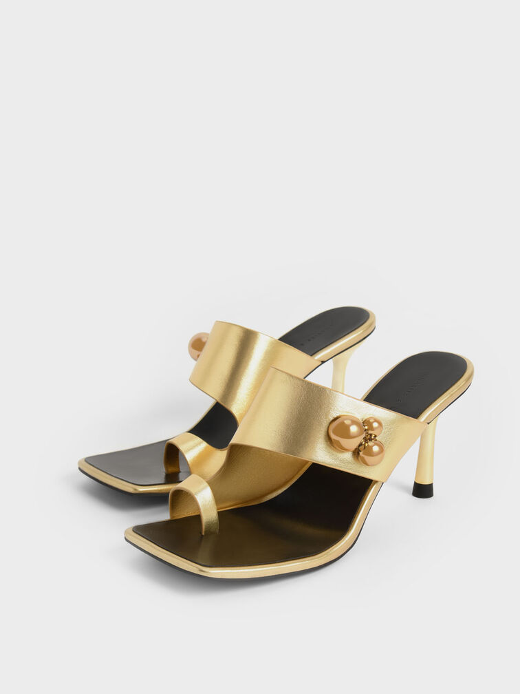 Embellished Stiletto Heel Metallic Thong Sandals, Gold, hi-res