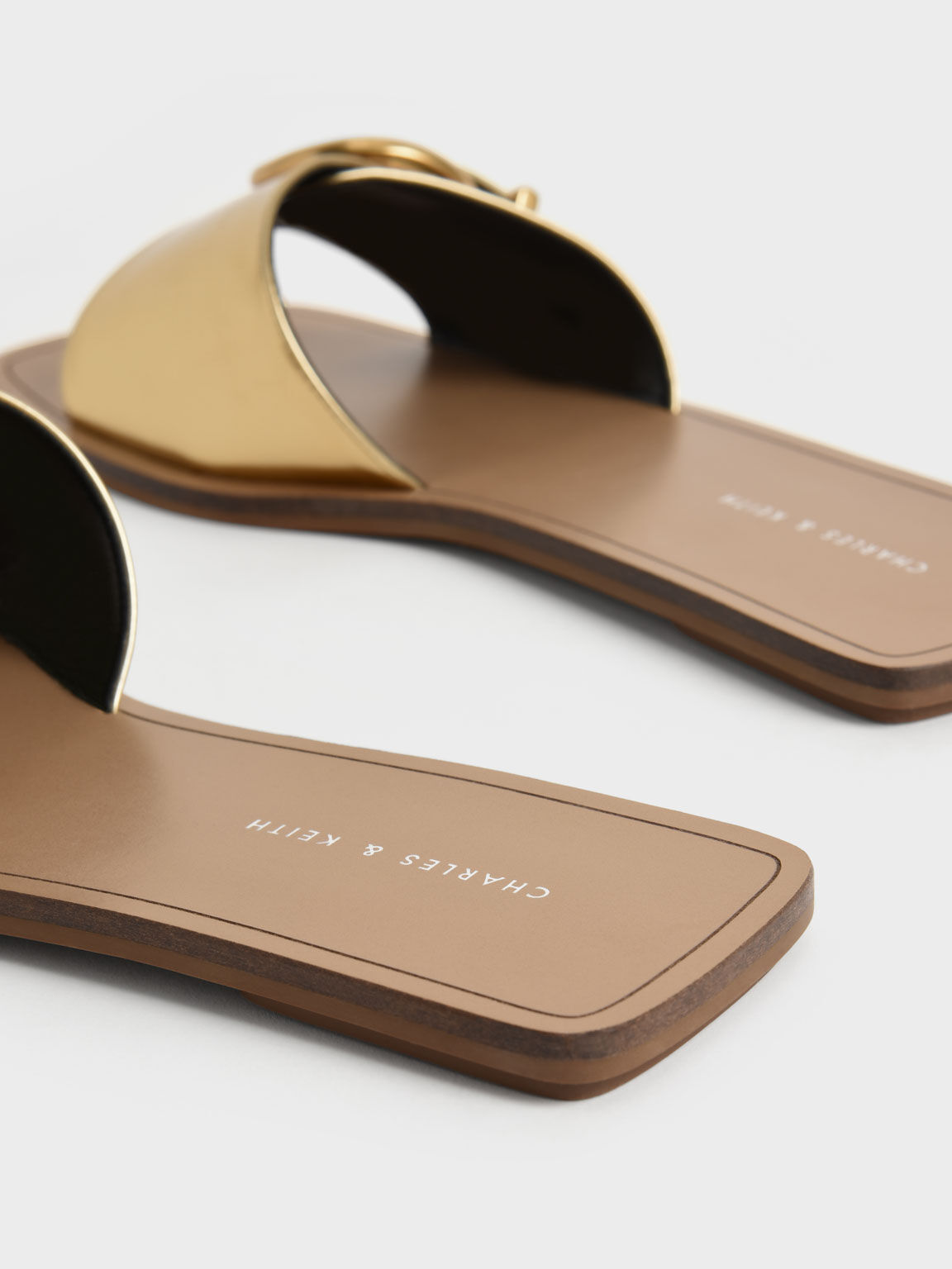 Square Toe Buckled Slides, Gold, hi-res