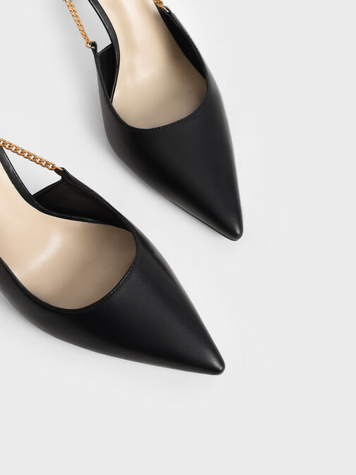 Chain-Link Slingback Stiletto Pumps, Black, hi-res