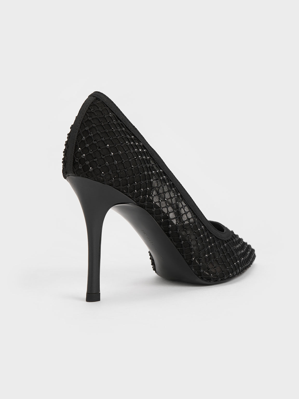 Gem-Encrusted Mesh Heeled Pumps, Black, hi-res