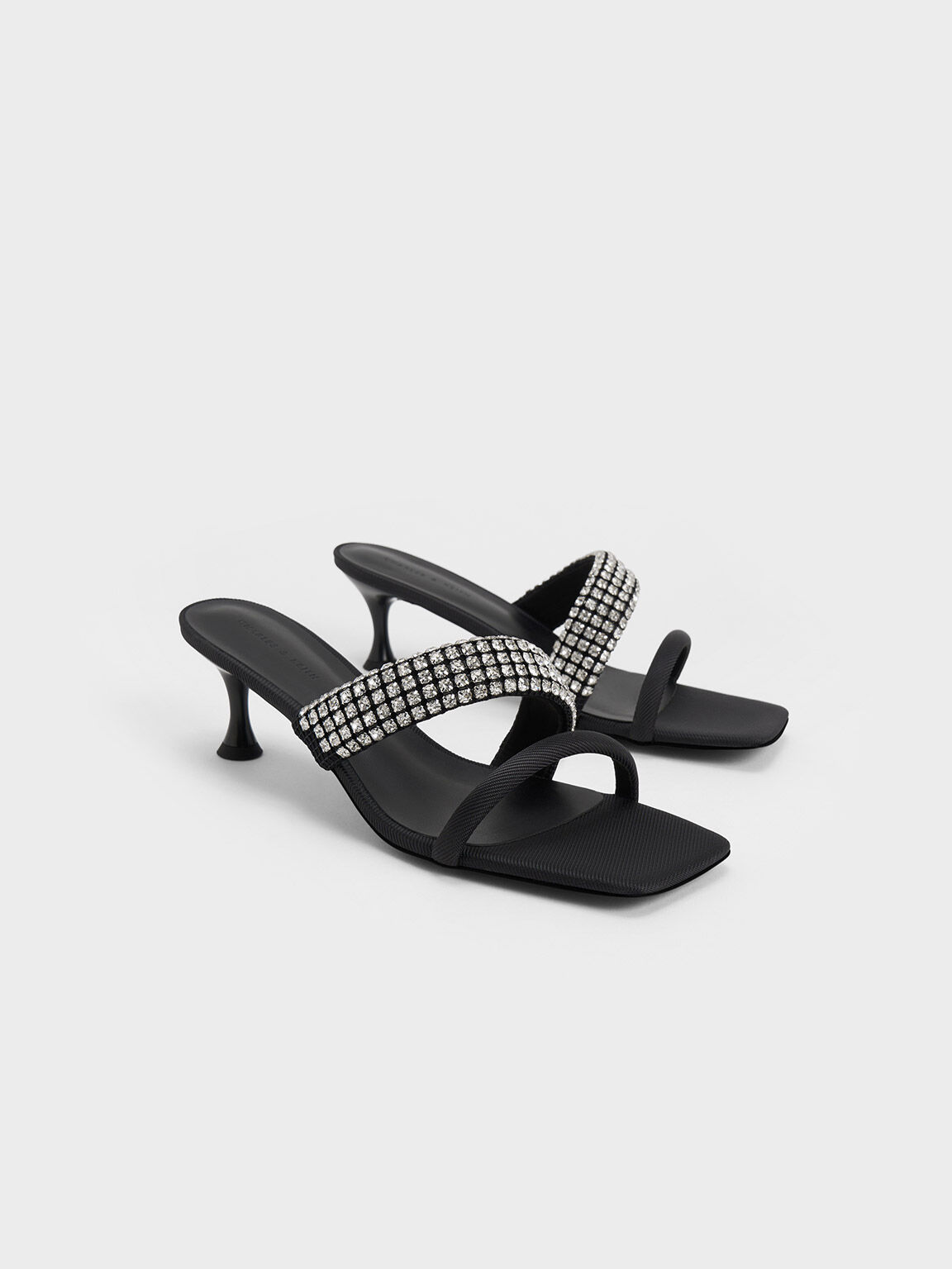 Gem Embellished Strappy Mules, Black, hi-res