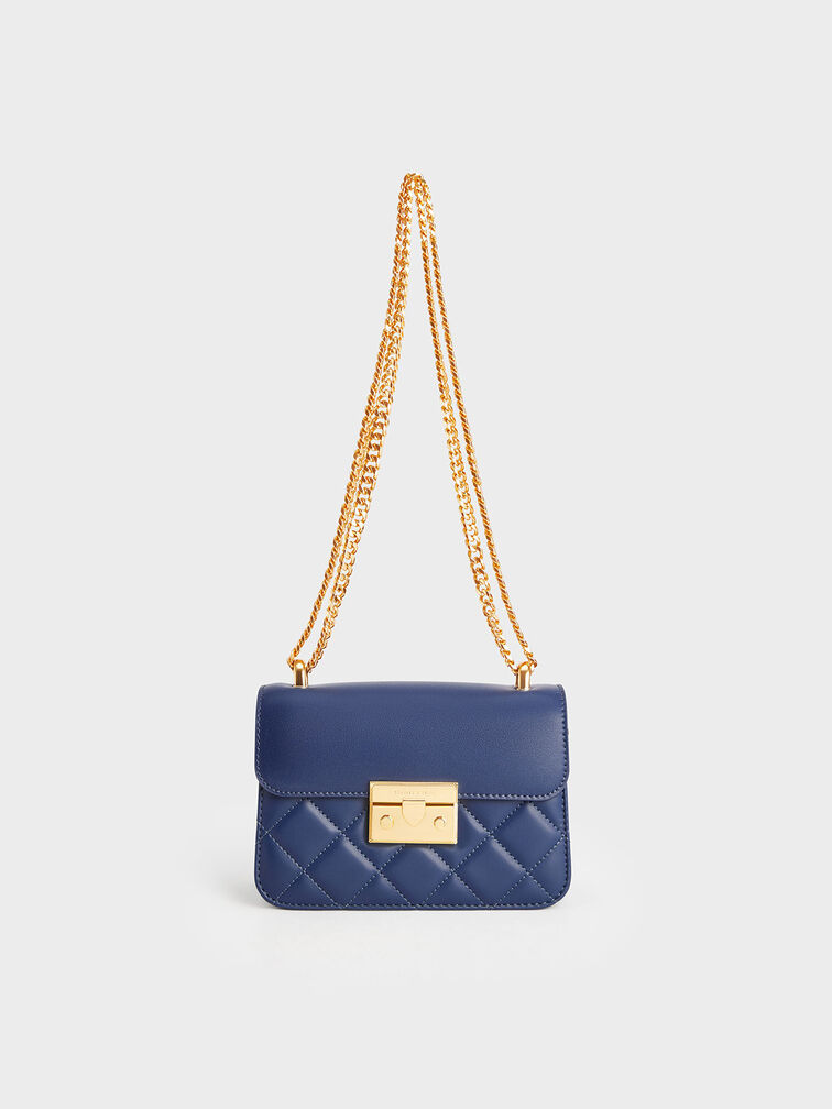 Metallic Push-Lock Chain Bag, Navy, hi-res