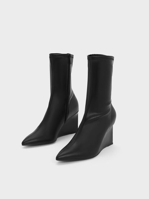 Pointed-Toe Wedge Ankle Boots, Black, hi-res