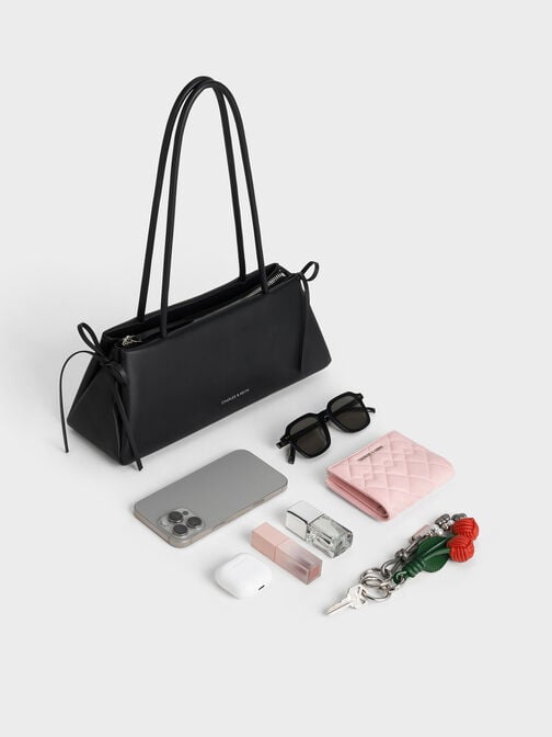 Hazel Bow Elongated Trapeze Shoulder Bag, Noir, hi-res