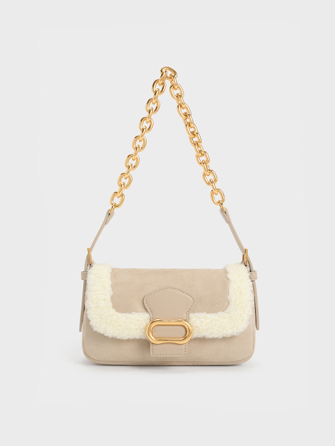 Beige Daki Fur-Trim Belted Shoulder Bag - CHARLES & KEITH SA