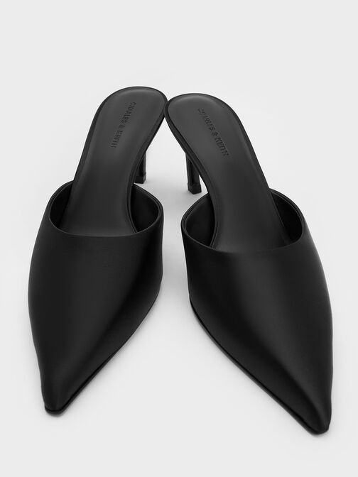 Satin Pointed-Toe Heeled Mules, Black Textured, hi-res