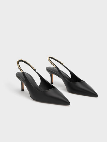 حذاء بكعب عال وحزام حول الكاحل بتصميم سلسلة مضفرة, أسود, hi-res