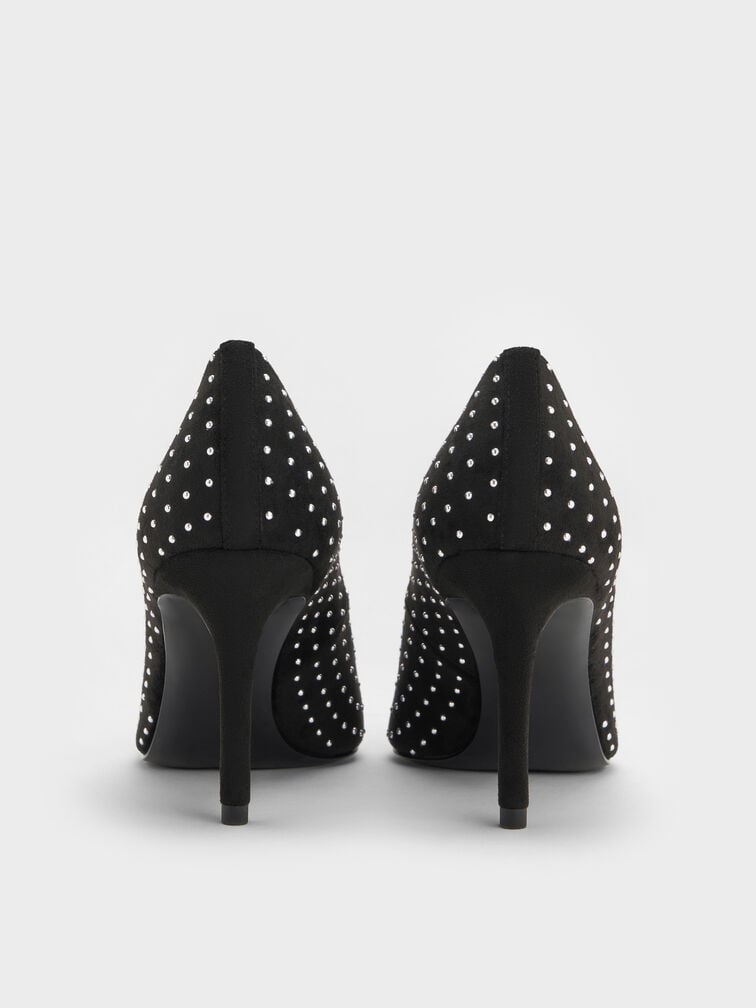 Faux Suede Studded Pointed-Toe Pumps, Black Textured, hi-res