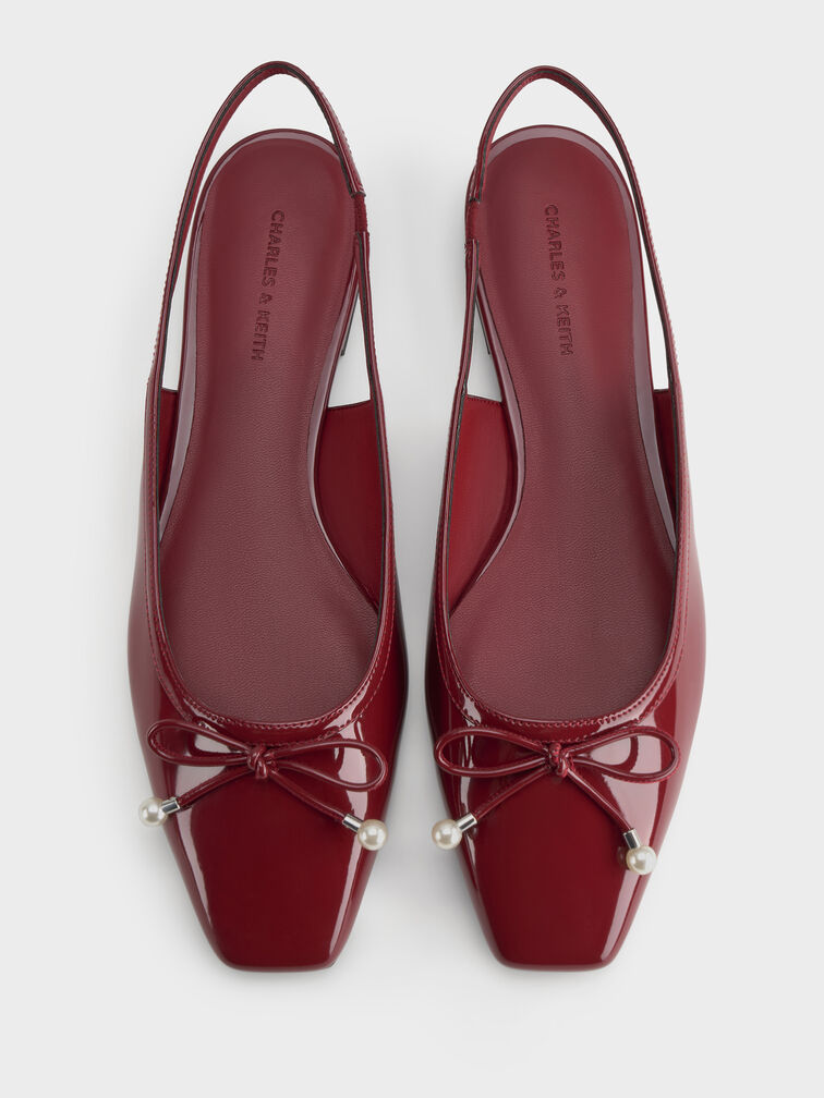 Barbara Patent Pearl-Embellished Bow Slingback Flats, Red, hi-res