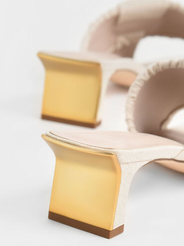 Linen Asymmetric Ruched Mules, Chalk, hi-res