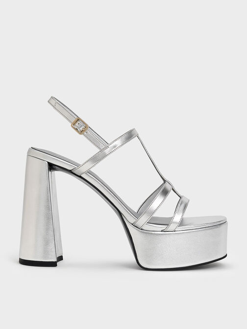 Metallic T-Bar Strappy Platform Sandals, Silver, hi-res