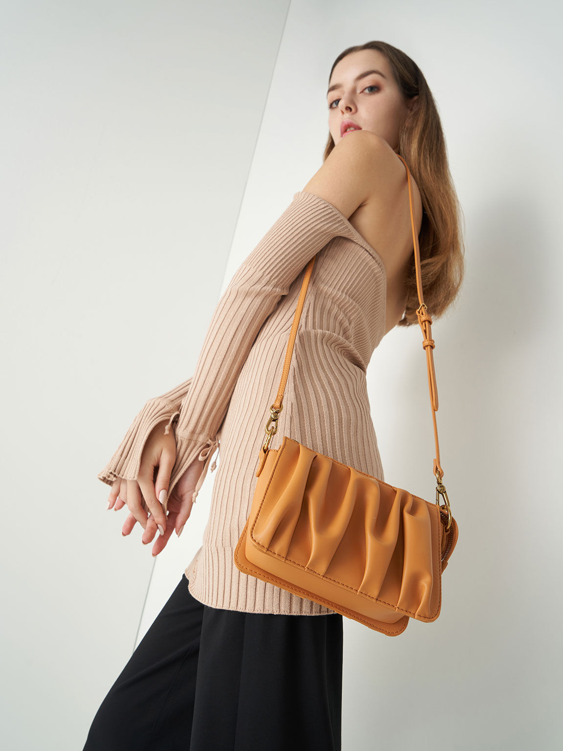 Orange Ruched Bead-Handle Shoulder Bag - CHARLES & KEITH SA Orange Ruched Bead-Handle Shoulder Bag - CHARLES & KEITH SA