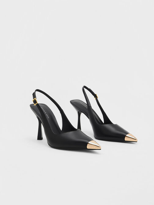 Metallic Cap Pointed-Toe Slingback Pumps, Black, hi-res