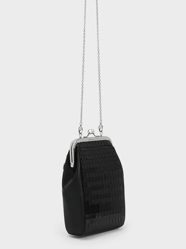 Disc-Embellished Chain Handle Pouch, Black, hi-res