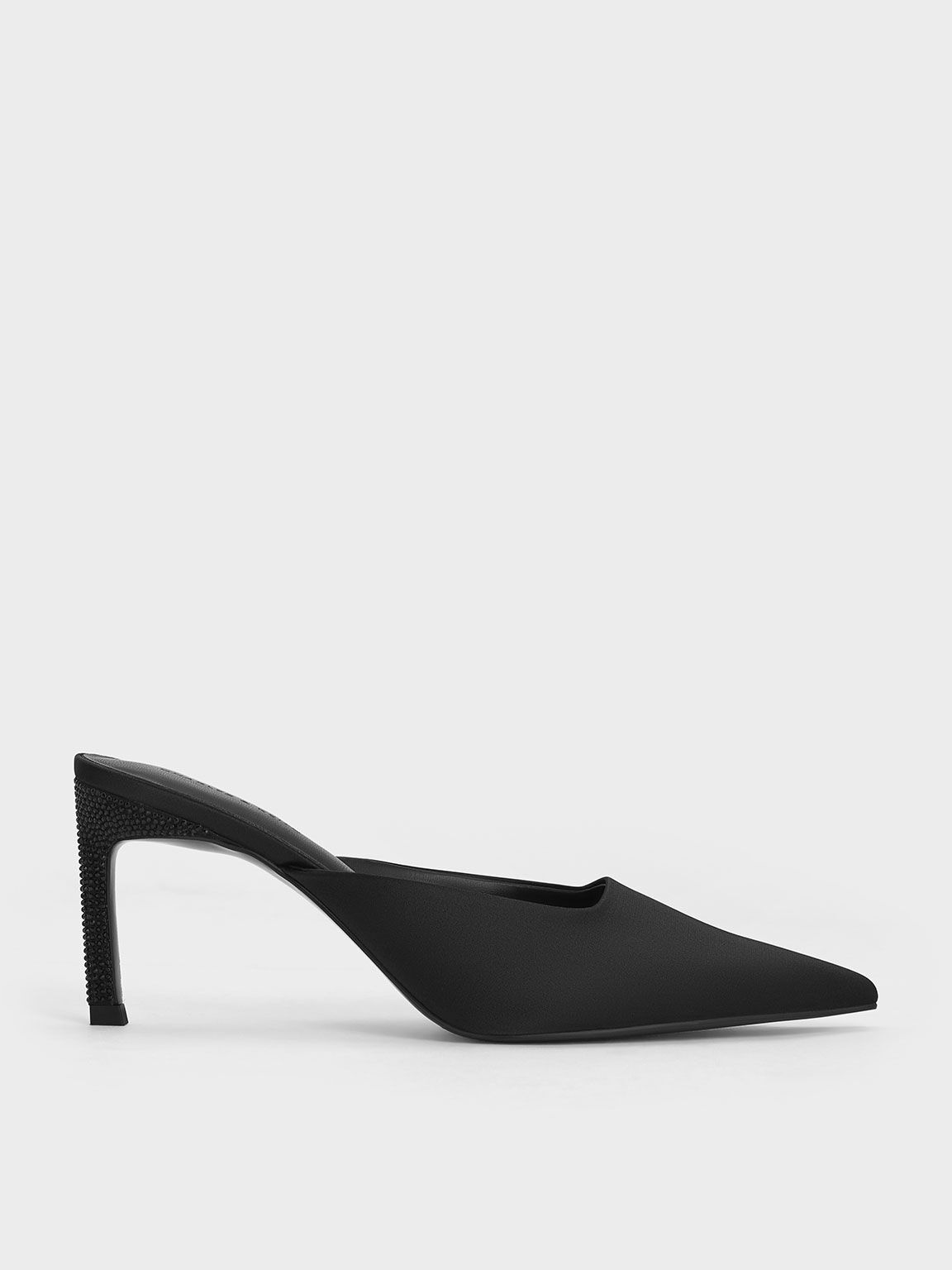 Black Textured Satin Crystal Heel Pointed Toe Mules CHARLES KEITH SA