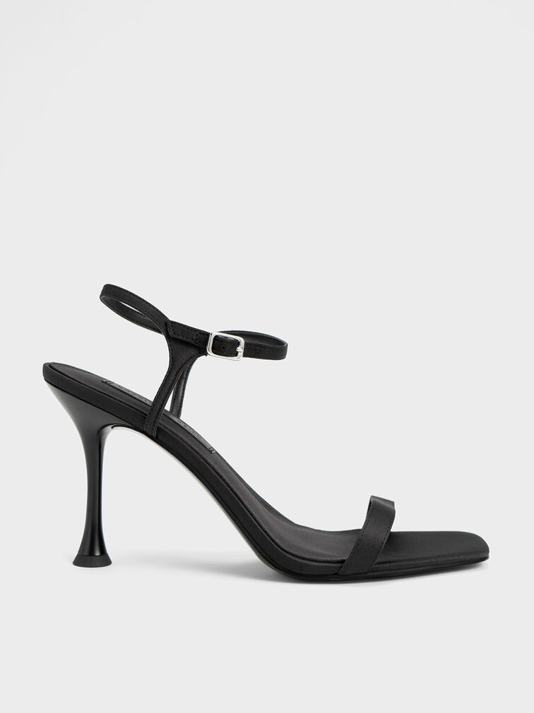 Spool Heel Satin Sandals, Black, hi-res